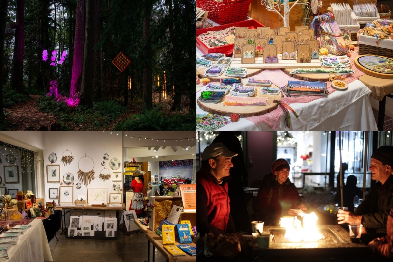 Four images of the Light Art, Makers Market and folks by a fire table.
